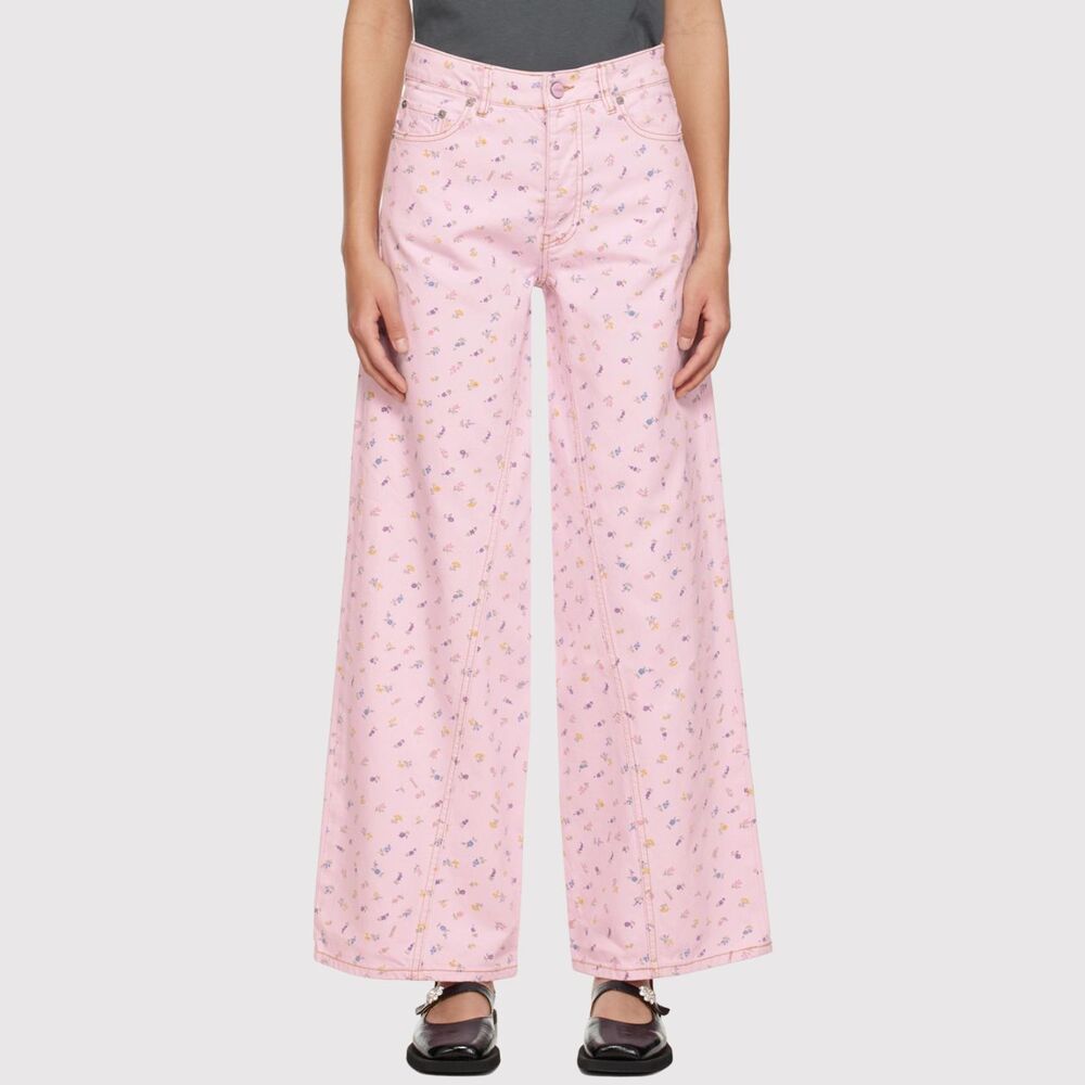 GANNI Womens Jeans Pink Jozey Floral Wide Leg Organic Cotton High Rise Size 27